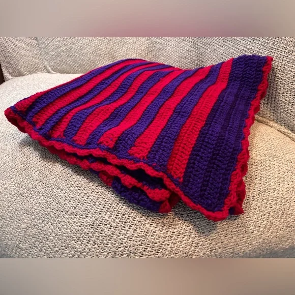 Vintage 1990s Handmade Crochet Blanket Red Purple Stripe 85”x42” - Picture 3 of 5